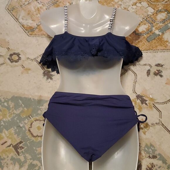 Ann Taylor Womens Blue Scalloped Edge ruffle edge 2pc Bikini Top S & Bottom XS - Picture 4 of 7